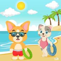 Cartoon lustiger kleiner Hund mit Katze am Strand vektor