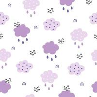 söt baby seamless mönster med lila moln och regndroppar på vit bakgrund. moln symboler bakgrund för barn tyg, plantskola. doodle vektor illustration