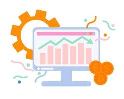 arbetsplats, datorskärm. ämne finansiell teknologi, finanskris, tillväxt- och falldiagram, kryptovaluta. vektor illustration