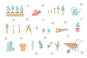 trädgårdsredskap och växter, en uppsättning vektorillustrationer för doodle. koncept trädgårdsarbete, en sommarhobby vektor