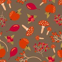 handgezeichnetes nahtloses Muster mit Amanita, Früchten, Beeren und Blättern. design für stoffe, textilien, tapeten, verpackungen. vektor