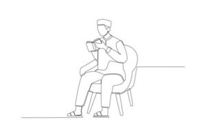 eine durchgehende Strichzeichnung eines Muslims, der den Koran auf dem Sofa liest. islamisches gebetskonzept. einzeiliges zeichnen design vektorgrafik illustration. vektor