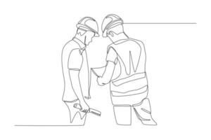 kontinuierliche einzeilige zeichnung von zwei ingenieuren, die über den bauplan sprechen und diskutieren. Straßen- und Hochbaukonzept. einzeiliges zeichnen design vektorgrafik illustration. vektor