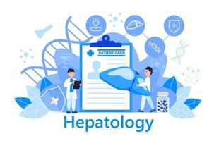 hepatolog koncept vektor för medicinsk målsida. hepatit a, b, c, d, cirrosillustration och världshepatitdagen. små läkare behandlar levern. hepatologispecialister arbetar.