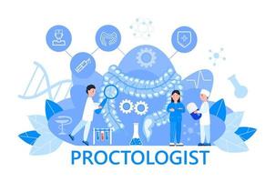 proctologist koncept vektor för medicinsk webb. app. blog.tarmläkare undersöker, behandlar dysbios. liten proktologisk terapeut tittar genom ett förstoringsglas på skadliga bakterier.