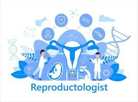 reproductologist koncept vektor. medicinsk sjukvård genetisk vetenskap teknologi, centrum för reproduktiv medicin med små läkare för webbplats. målsida, app. ivf och infertilitetsbehandling. vektor