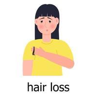 Symbolvektor für Haarausfall. Unglückliches Mädchen verliert ihre Haare, wird kahl. Probleme mit den Haarzwiebeln. vektor
