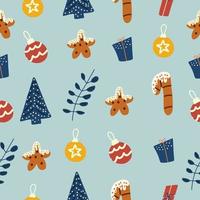 jul färgade sömlösa mönster med träd och nyårsboll. vektor illustration i platt stil