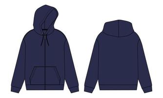 långärmad hoodie teknisk mode platt skiss vektor illustration marin färg mall