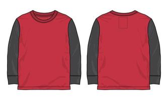 tvåfärgad svart och röd färg långärmad t-shirt teknisk platt skiss vektor illustration mall