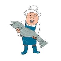 fischhändler, der fischkarikatur präsentiert vektor