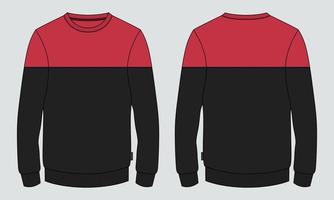 tvåfärgad svart och röd färg långärmad tröja teknisk mode platt skiss ritning vektor illustration mall för män. kläddesign mockup