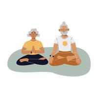 glückliches älteres Ehepaar beim Yoga. Lotus-Pose. alter mann und frau, die yoga praktizieren. Meditationsillustration im flachen Stil. vektor