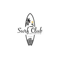 surfbrett mit surf club logo design vektor illustration vorlage