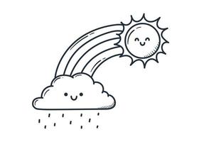 söt kawaii sol, regnbåge, moln med regn. doodle tecknad stil vektor