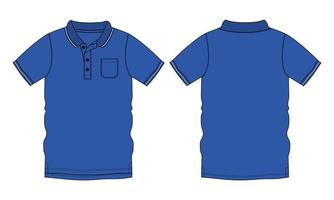 kurzärmliges poloshirt technische mode flache skizze vektorillustration blaue farbvorlage vorder- und rückansichten vektor