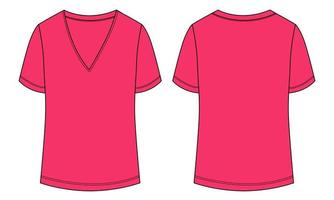 v-hals t-shirt tekniskt mode platt skiss vektorillustration rosa färg mall för damer vektor