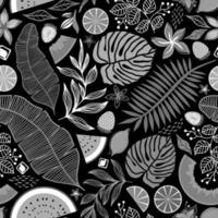 schwarz-weißes, nahtloses Vektormuster mit tropischen Blättern und Früchten vektor