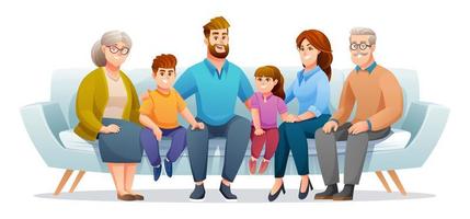 glückliche familie, die zusammen mit vater, mutter, großvater, großmutter und kindern auf der couch sitzt. familiencharakterkonzept im karikaturstil vektor