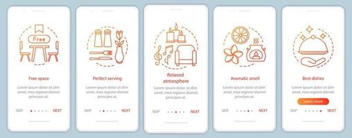 mattjänst onboarding mobil app sidskärm med linjära koncept. äta och koppla av. restaurangbokning genomgångssteg grafiska instruktioner. ux, ui, gui vektormall med illustrationer vektor