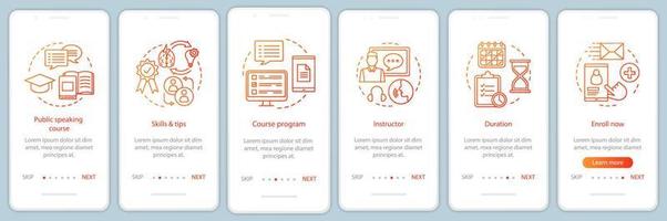 Präsentationskurse für das Onboarding der Bildschirmvektorvorlage für mobile App-Seiten. professionelle sprecherschule. Walkthrough-Website-Schritte mit linearen Symbolen. ux, ui, gui smartphone-schnittstellenkonzept vektor