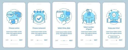 restaurang onboarding mobil app sida skärm vektor mall. event gästkafémåltid. coulsine middagsmeny. genomgång av webbplatssteg med linjära illustrationer. ux, ui, gui smartphone gränssnitt koncept