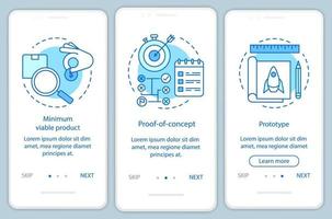 starttestning av mobilapps sidskärm med linjära koncept. produkttest. mvp, poc, prototyp genomgångssteg grafiska instruktioner. ux, ui, gui vektormall med illustrationer vektor