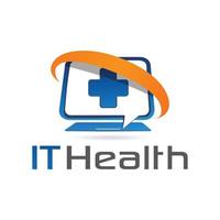 ein Logo für die IT-Wartungsfirma, das einen Laptop mit einem Gesundheitskreuz-Symbol in der Mitte des Bildschirms in blauer Farbe darstellt