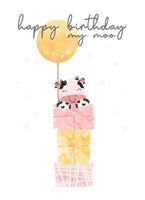 söt baby rosa ko flicka hängande på födelsedagspresent box handritad tecknad akvarell husdjur karaktär illustration vektor