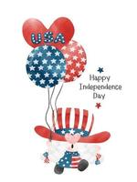 4 juli tomte patriotisk hållande ballonger amerika självständighetsdag tecknad akvarell illustration vektor