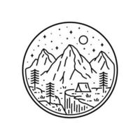 design av camping natur, berg, klippor på natten i mono line art, patch badge design, emblem design, t-shirt design vektor