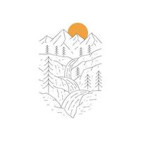 blick auf die berge und den terrassenförmig angelegten wasserfall in mono-line-kunst, aufnäher-abzeichen-design, emblem-design, t-shirt-design vektor