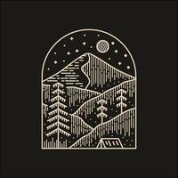 Camping in den Bergen in Mono-Line-Kunst, Design für Abzeichen Patch Pin grafische Illustration Vektorkunst T-Shirt-Design vektor