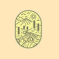 Design von Natur, Bergen, See, Felsen, Wildtieren in Monoline-Kunst, Patch-Abzeichen-Design, Emblem-Design, T-Shirt-Design vektor