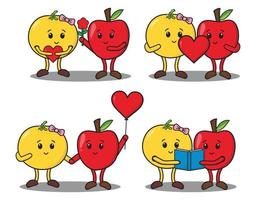 set tecknad söta par apelsin och äpple faller kärlek vektor