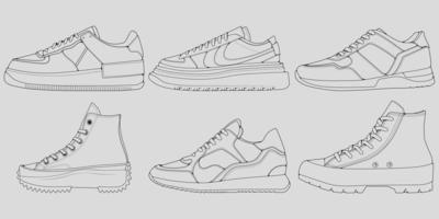 Satz coole Turnschuhe des Umrisses. Schuhe Sneaker Umrisszeichnungsvektor, Turnschuhe in einem Skizzenstil gezeichnet, Sneaker-Trainer-Vorlagen-Umriss, Set-Kollektion. Vektor-Illustration. vektor