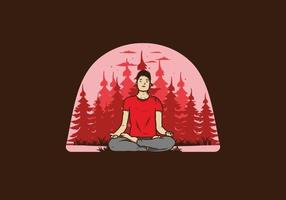 Illustration eines Menschen, der Yoga macht und im Freien in einem Wald in der Natur zwischen Pinien meditiert vektor