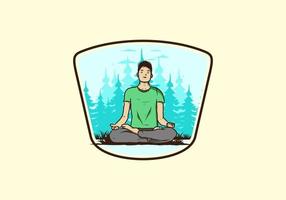 Illustration eines Menschen, der Yoga macht und im Freien in einem Wald in der Natur zwischen Pinien meditiert vektor
