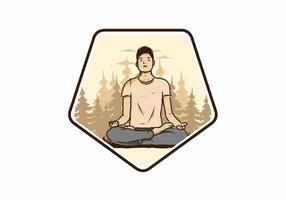 Illustration eines Menschen, der Yoga macht und im Freien in einem Wald in der Natur zwischen Pinien meditiert vektor