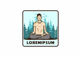 Illustration eines Menschen, der Yoga macht und im Freien in einem Wald in der Natur zwischen Pinien meditiert vektor