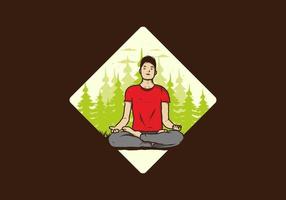 illustration av någon som gör yoga och mediterar utomhus i en skog i naturen bland tallar vektor