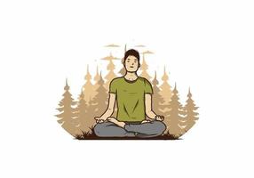 Illustration eines Menschen, der Yoga macht und im Freien in einem Wald in der Natur zwischen Pinien meditiert vektor