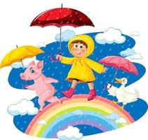 regnar med en flicka i regnrock och håller paraply vektor