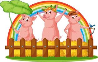 tecknad tre små grisar med regnbåge bakgrund vektor