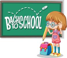 flicka håller penna seriefigur med tillbaka till skolan på svarta tavlan vektor