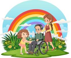 Alter Mann im Rollstuhl mit seinen Töchtern vektor