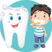 Junge beim Zähneputzen neben gesunden Zähnen vektor