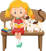 en flicka som läser bok som sitter på bänken med en katt vektor