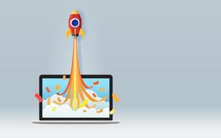 Startup-Business-Projektkonzept mit roter Origami-Rakete oder Raumschiffstart vom Laptop-Bildschirm auf grauem Hintergrund