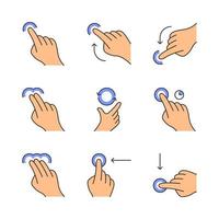 Farbsymbole für Touchscreen-Gesten festgelegt. tippen, zeigen, klicken, 2x tippen, ziehen, doppelklick gestikulieren. streichen Sie nach links und streichen Sie nach unten. vertikal nach oben scrollen, nach unten scrollen. berühren und halten. isolierte Vektorgrafiken vektor